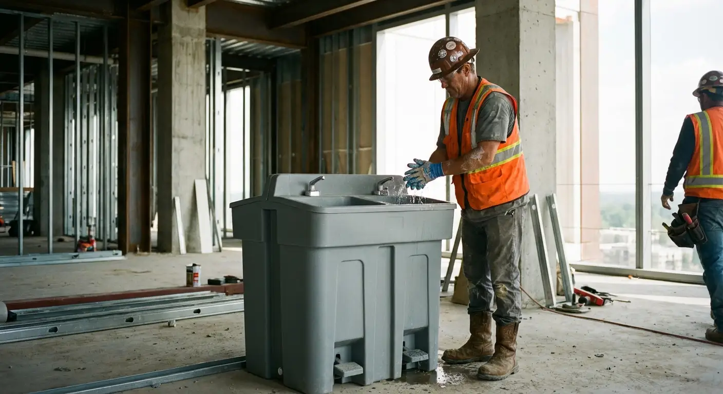 A dual-basin hand wash station positioned on a concrete floor of a high-rise construction site with the city skyline visible through open steel framing. in Lake Forest, IL