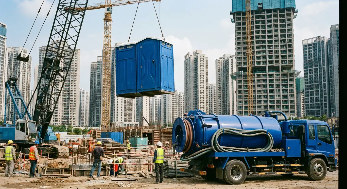 A High-Rise Crane Liftable Toilet unit suspended in mid-air by a crane against a city skyline during the day, showcasing the steel sling attachment. in Lake Forest, IL
