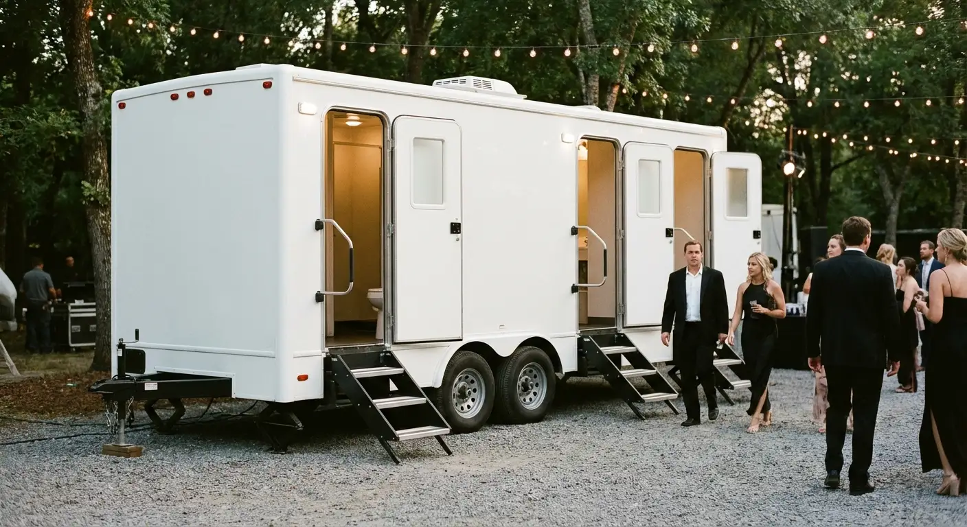 Exterior of a Luxury Restroom Trailer at an evening event, warm lighting spilling from the door, positioned discreetly near a manicured lawn. in Lake Forest, IL