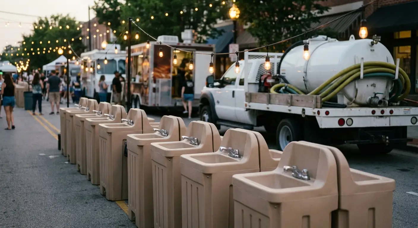 A row of clean, grey portable hand wash stations set up on pavement near food trucks, with blurred festival lights and crowd in the background. in Lake Forest, IL