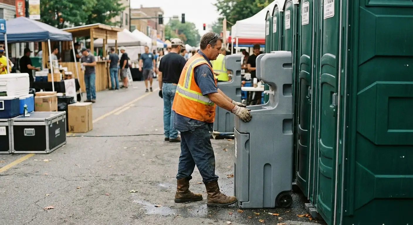 A row of pristine Special Event Portable Restrooms and hand wash stations lined up along a festival barrier with blurred crowds in the background. in Lake Forest, IL