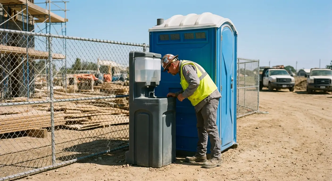 A close-up view of a portable hand wash station next to a portable toilet on a dirt construction site, focusing on the foot pump mechanism. in Lake Forest, IL