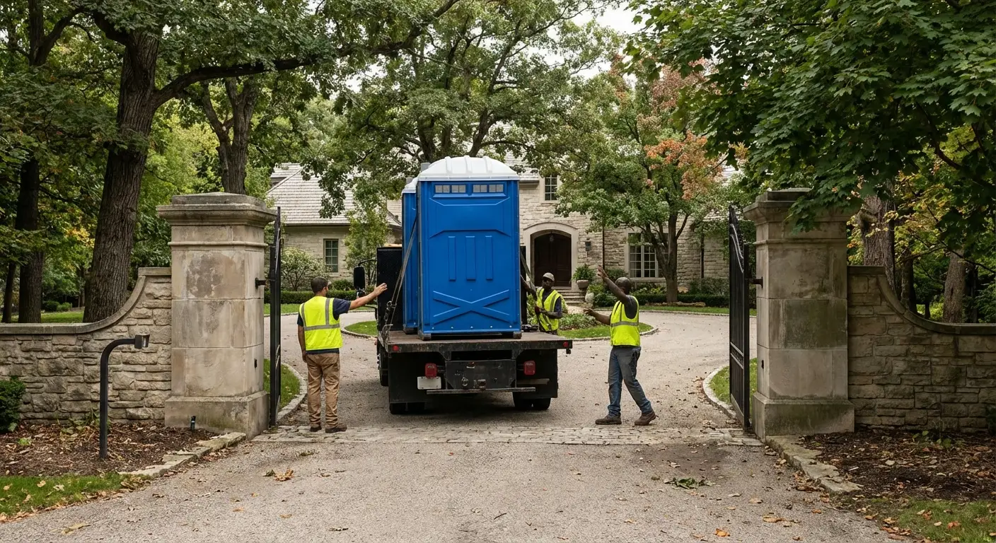 North Shore Sanitation team navigating a complex delivery site in Lake Forest