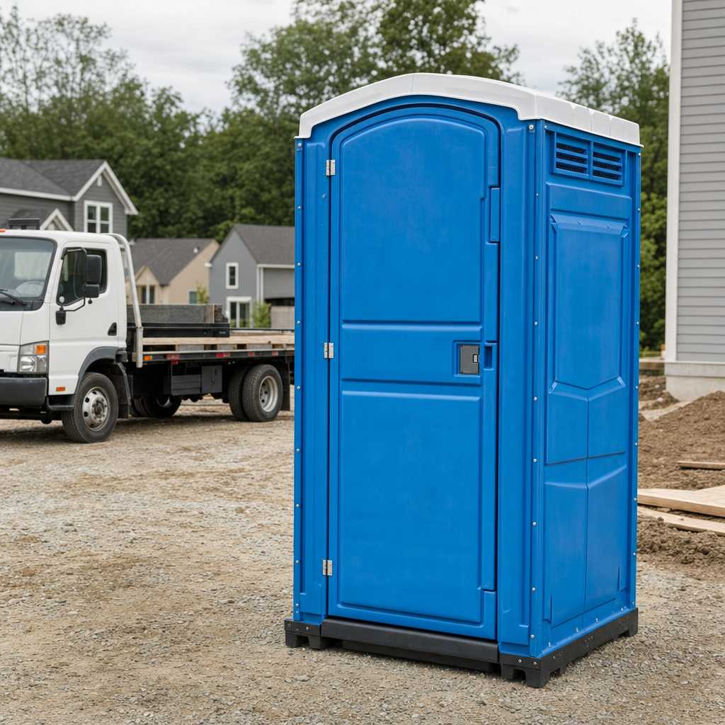 Delivery driver positioning a clean royal-blue portable toilet on level ground at a Lake Forest worksite