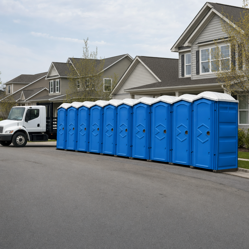 Royal blue portable toilets staged in a tidy row at a Lake Forest jobsite, ready for delivery